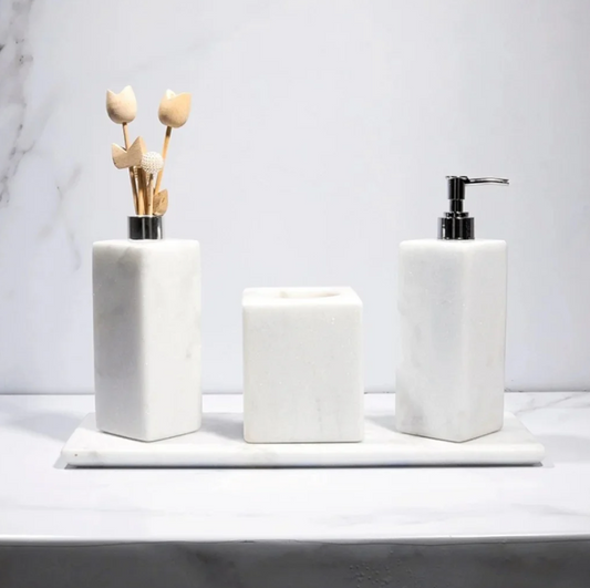Kit Acessórios para Banheiro em Mármore Branco Bianco Classico - 4 Peças