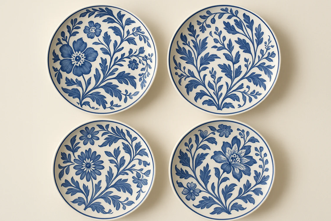 Conjunto 6 Pratos Decorativos Botânicos Azul - Cerâmica Artística