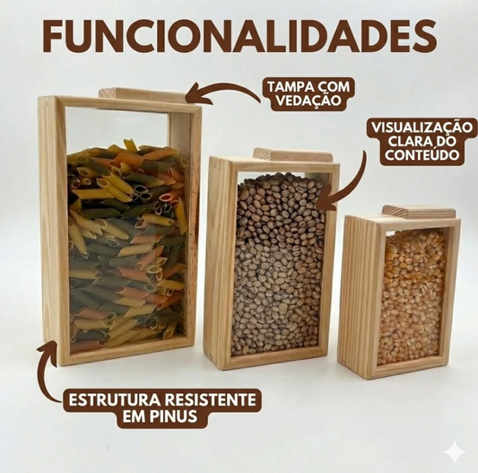 Kit 3 Porta Alimentos Organizador Pinus Ecológico Prático