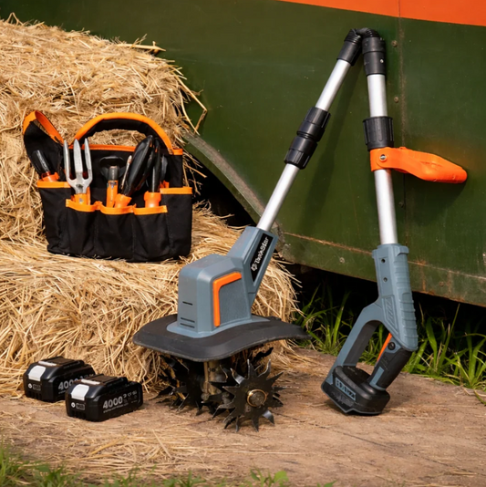 Cultivador Elétrico Terrox Sem Fio Com Lâminas de Aço Inoxidável e Bateria Dupla + BRINDE: Kit 10 Ferramentas