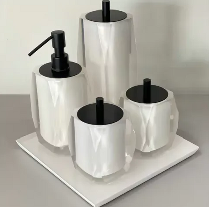 Kit de banheiro 4 peças em resina valência + bandeja cristal Marfim com Preto Fosco