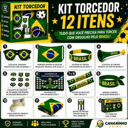 Kit Torcida Brasil Copa 2026 Completo 12 Itens Torcedor (Bandeira Grande e Acessórios)