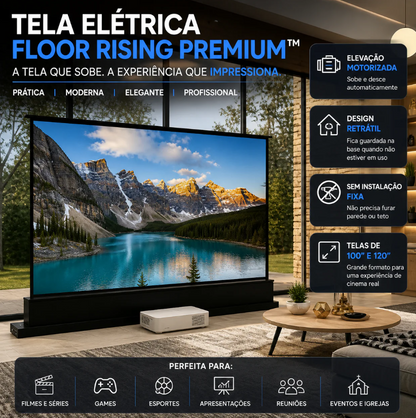 Tela de Projeção Elétrica Floor Rising Premium™ | 100” a 120” Retrátil, Motorizada e Portátil