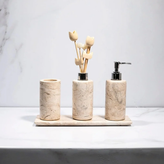 Kit Banheiro Lavabo em Mármore Bege Bahia – 4 Peças de Luxo - Cilíndrico