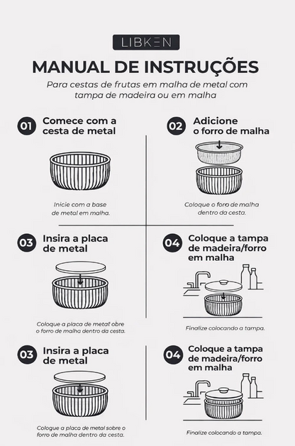 Tigela de frutas de metal com tampa e cesta de malha