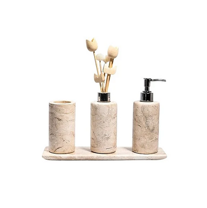 Kit Banheiro Lavabo em Mármore Bege Bahia – 4 Peças de Luxo - Cilíndrico