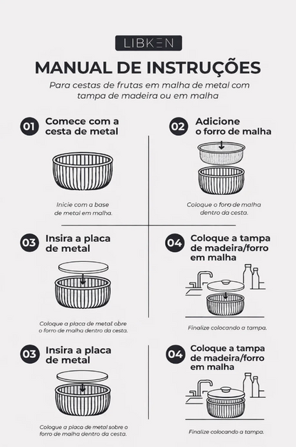 Tigela de frutas de metal com tampa e cesta de malha