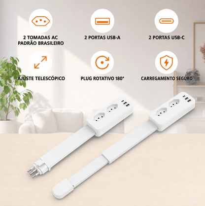 Extensor de Tomada FlexPower BR™ | Hub Inteligente Ajustável com USB-C, USB, TOMADA 2 PINOS E 3 PINOS 110/220v