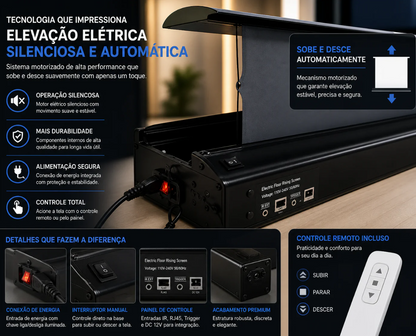 Tela de Projeção Elétrica Floor Rising Premium™ | 100” a 120” Retrátil, Motorizada e Portátil