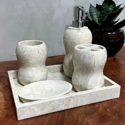 Conjunto de Banheiro em Mármore Natural Travertino Branco - 5 peças