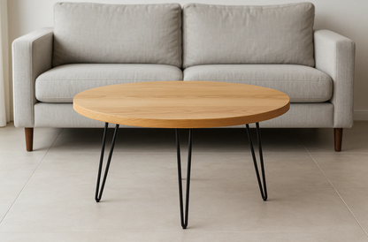 Mesa de Centro Redonda Madeira Carvalho Pés Hairpin 80cm