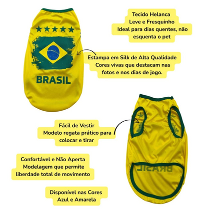 Camiseta Regata Pet Brasil Futebol – Azul e Amarela – Roupa para Cachorro e Gato – Time Copa – Confortável