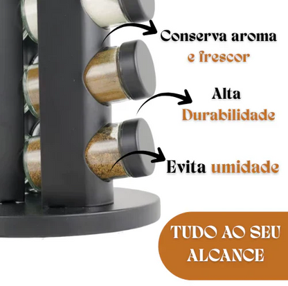 Porta Temperos Giratório 360º com Potes de Vidro e Tampa Dosadora | Organizador de Condimentos Premium