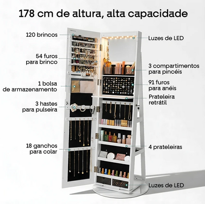 Espelho 360° 3 em 1 Penteadeira & Porta Joias e Bolsas