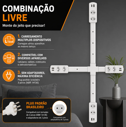 Extensor de Tomada FlexPower BR™ | Hub Inteligente Ajustável com USB-C, USB, TOMADA 2 PINOS E 3 PINOS 110/220v